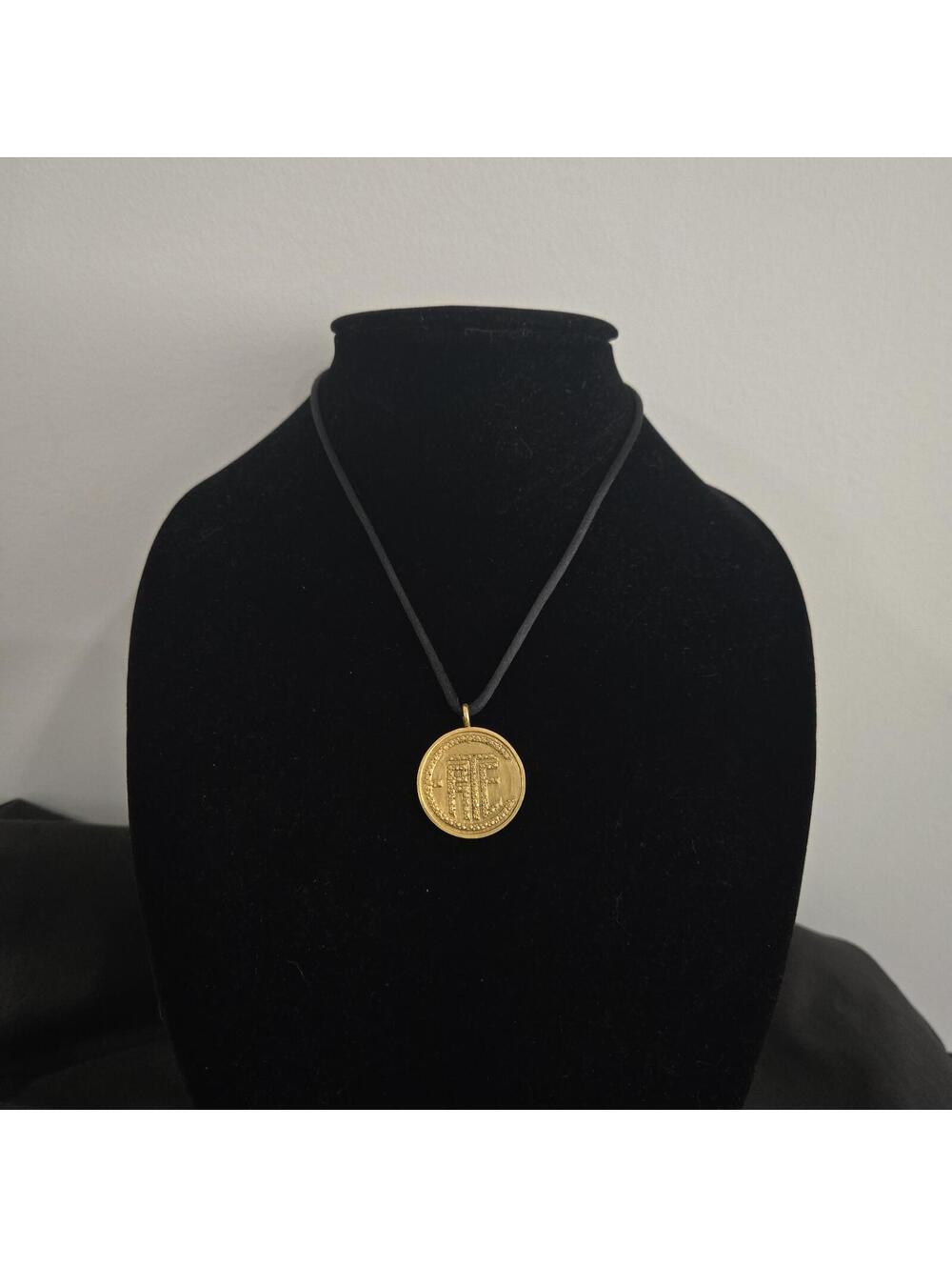 Vintage Art Deco Style Erte Monogram Pendant Necklace Gold Tone Medallion Bird